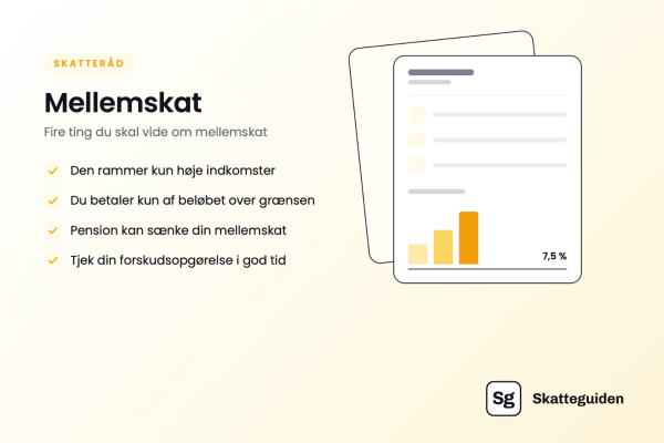 Illustration af mellemskat i 2026 med fokus på indkomstgrænsen, skattesatsen på 7,5 % og placeringen mellem bundskat og topskat.